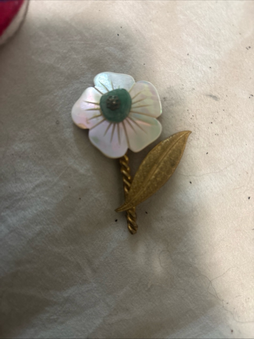 Mother-of-Pearl Flower Brooch with Gold-Tone Leaf